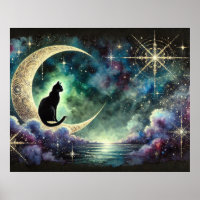 Black Cat on Crescent Moon mit Starry Night Sky