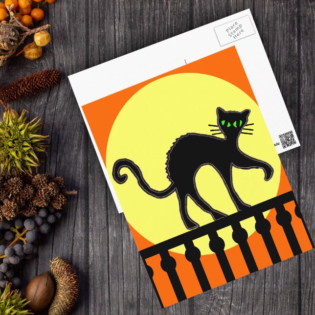 Black Cat On Fence Postcard Postkarte (Halloween black cat arched back on black fence yellow moon on orange postcard.)