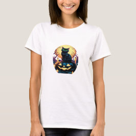 Black Cat on Pumpkin Halloween T - Shirt - Mystisc