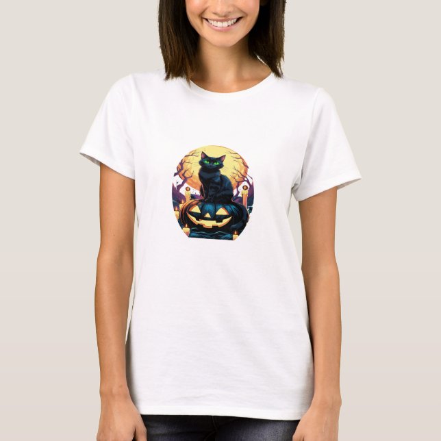 Black Cat on Pumpkin Halloween T - Shirt - Mystisc (Vorderseite)