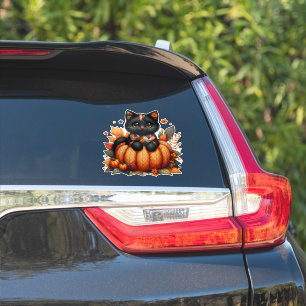 Black Cat on Pumpkin mit Herbst Quilt Muster Aufkleber