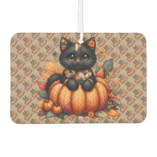 Black Cat on Pumpkin mit Herbst Quilt Muster Autolufterfrischer