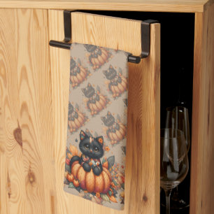 Black Cat on Pumpkin mit Herbst Quilt Muster Geschirrtuch