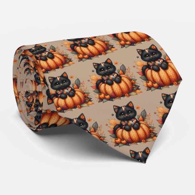 Black Cat on Pumpkin mit Herbst Quilt Muster Krawatte (Gerollt)