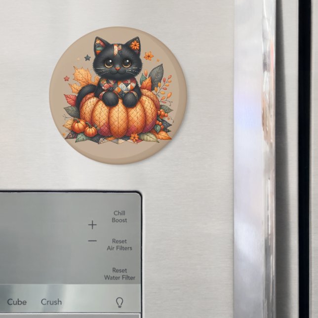 Black Cat on Pumpkin mit Herbst Quilt Muster Magnet (In Situ (Kühlschrank))