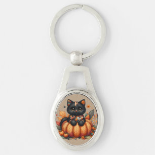 Black Cat on Pumpkin mit Herbst Quilt Muster Schlüsselanhänger