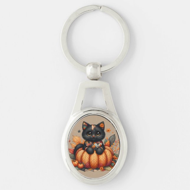 Black Cat on Pumpkin mit Herbst Quilt Muster Schlüsselanhänger (Vorderseite)