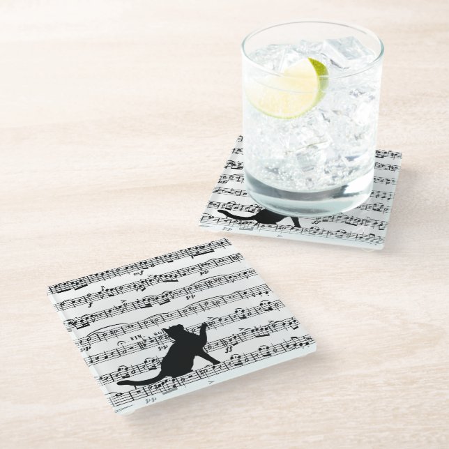 Black Cat On Sheet Music Glasuntersetzer (Schrägansicht)