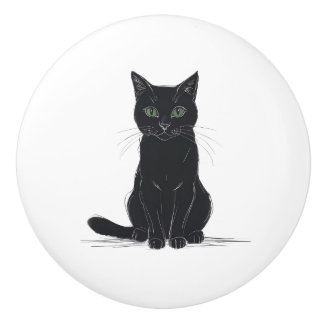 Black cat on white background door pull keramikknauf