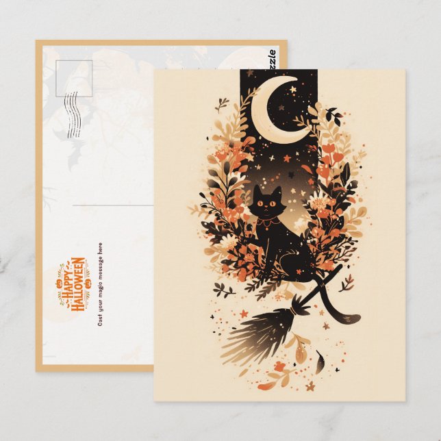 Black Cat on Witch’s Broom Under the Moon Postkarte (Vorne/Hinten)