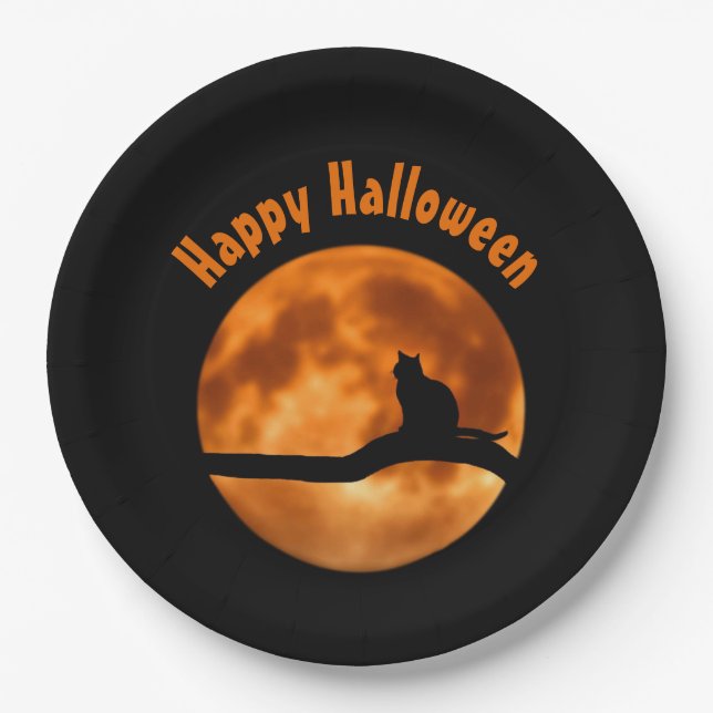 Black Cat Orange Moon Happy Halloween Pappteller (Vorderseite)