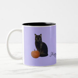 Black Cat Orange Pumpkins Happy Halloween Lila Zweifarbige Tasse