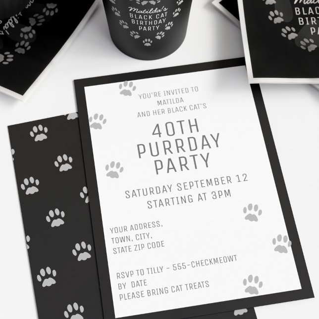 Black Cat Paw Print 40. Geburtstag Party Einladung (Happy Purrday to you! If you're hosting a cat themed 40th (and you really should) here's the invite!)