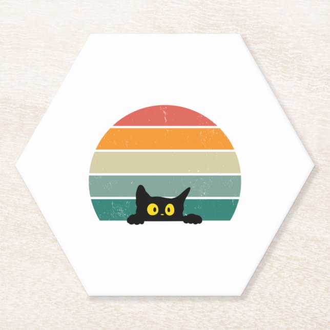 Black Cat Peeking Sunset Vintag 4 Untersetzer (Vorderseite)