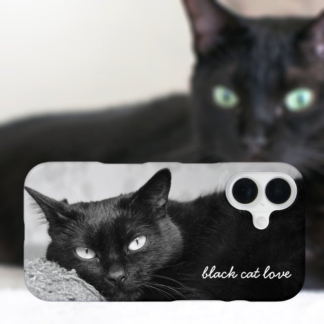Black Cat Pet Foto Personalisiert iPhone 16 Hülle (Add your name and cat photo (or any other pet - we love them all))
