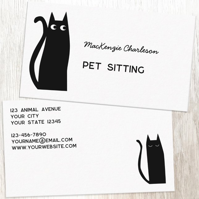 Black Cat Pet Services Visitenkarte (Black cat pet sitting feeding animal services custom text business cards)