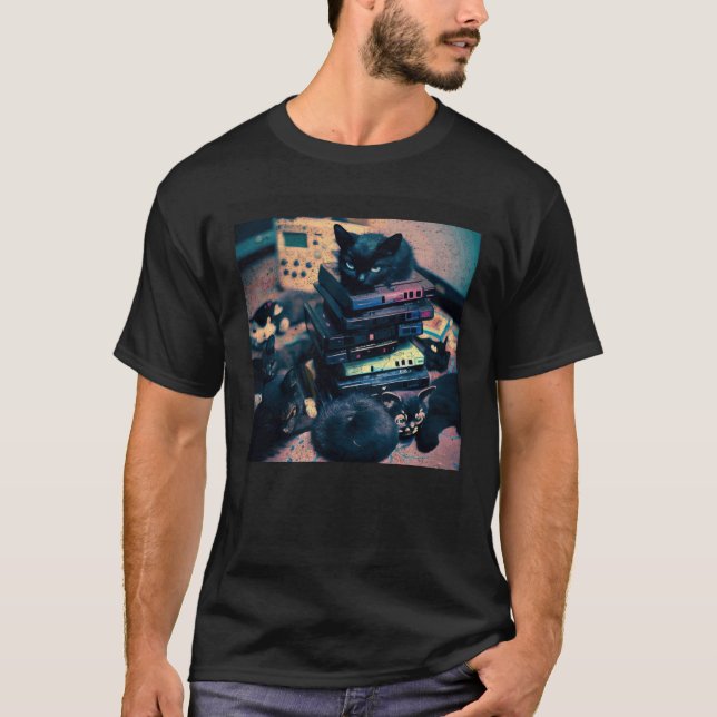 Black Cat Pile Video Games T-Shirt (Vorderseite)