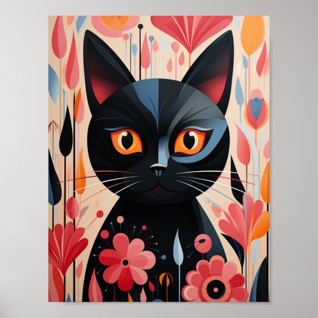 Black Cat Pink-Blume Poster (Vorne)