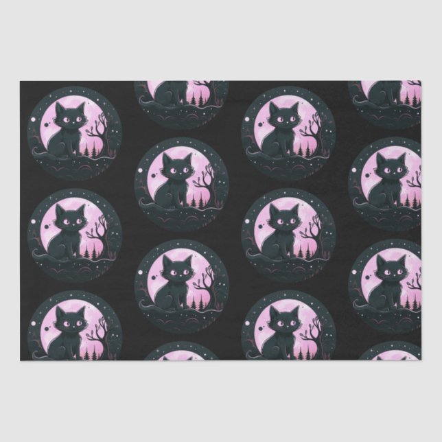 Black Cat Pink Full Moon Celestial Black Halloween Seidenpapier (Vorderseite)