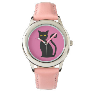BLACK CAT PINK GIRLS WRIST WATCH ARMBANDUHR