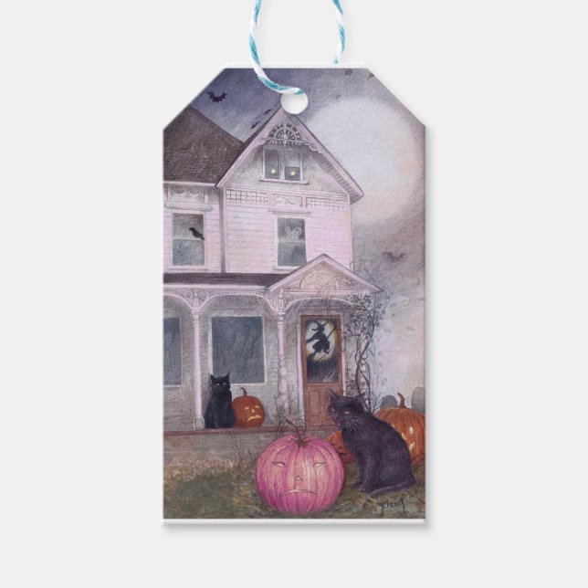 Black Cat Pink Pumpkin & Spuk House Halloween Geschenkanhänger (Vorderseite)