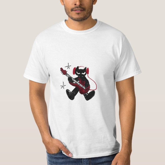 Black Cat Playing Electric Guitar Rockstar Kitty  T-Shirt (Vorderseite)