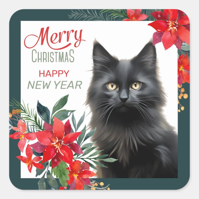 Black Cat Poinsettia - Weihnachten Quadratischer Aufkleber (Vorderseite)