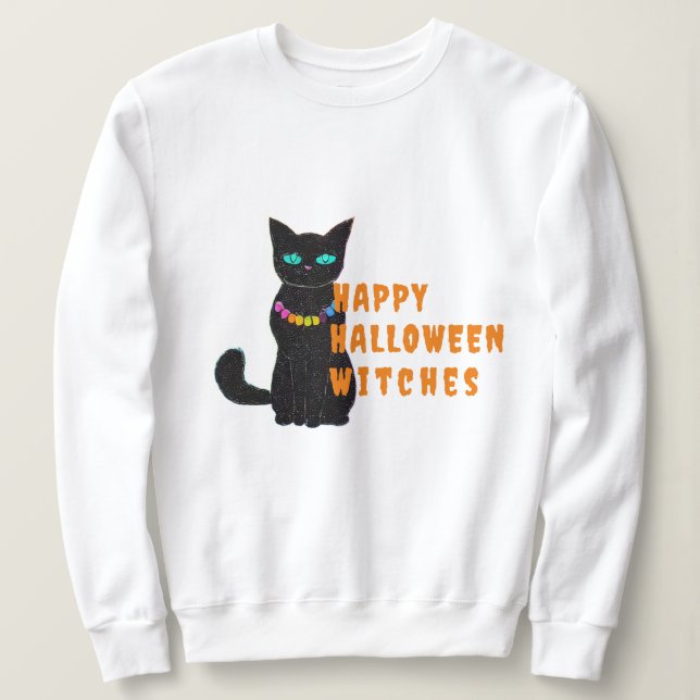Black Cat Print Womens Sweatshirt, Halloween-Party Sweatshirt (Design vorne)