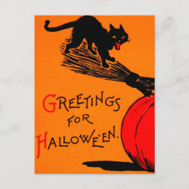 Black Cat Pumpkin & Broomstick Vintage Halloween Postkarte