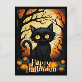Black Cat Pumpkin Forest Happy Halloween Postkarte