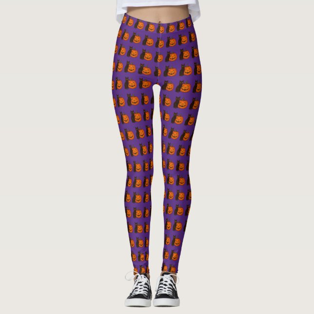 Black Cat & Pumpkin Halloween Leggings (Vorderseite)