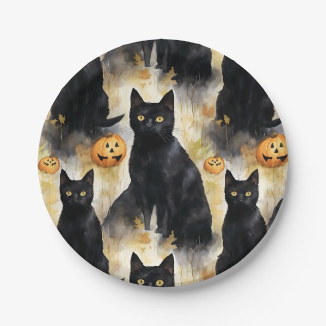Black Cat Pumpkin Halloween Pappteller (Vorderseite)