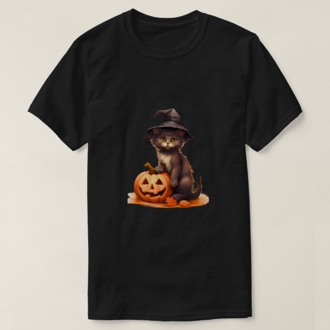Black Cat & Pumpkin Halloween T-Shirt - Klassische (Design vorne)