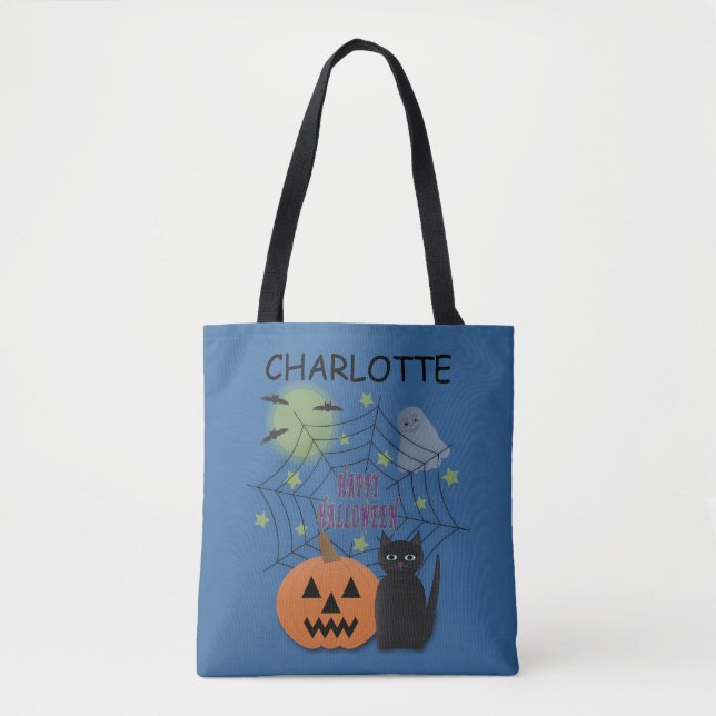 Black Cat & Pumpkin Halloween Trick oder Treat Tasche (Vorderseite)