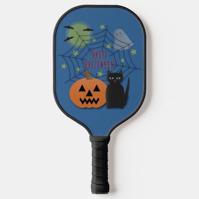 Black Cat & Pumpkin Kein Beängstigendes Halloween Pickleball Schläger (Vorderseite)