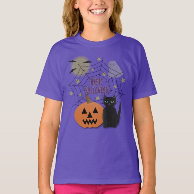 Black Cat & Pumpkin Kein Beängstigendes Halloween T-Shirt (Vorderseite)