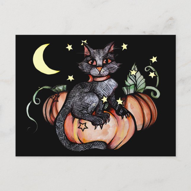 Black Cat Pumpkin Patch Moon Postkarte (Vorderseite)