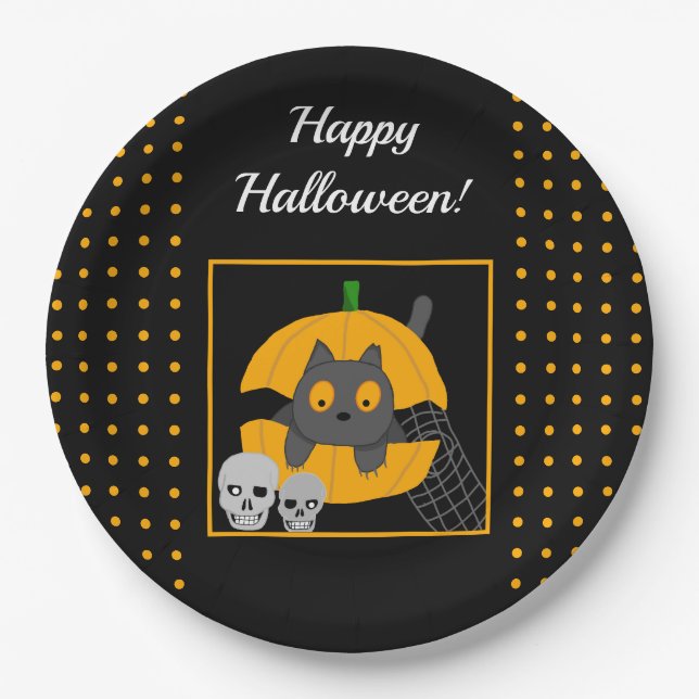 Black Cat Pumpkin Skulls Kids Halloween-Party Pappteller (Vorderseite)