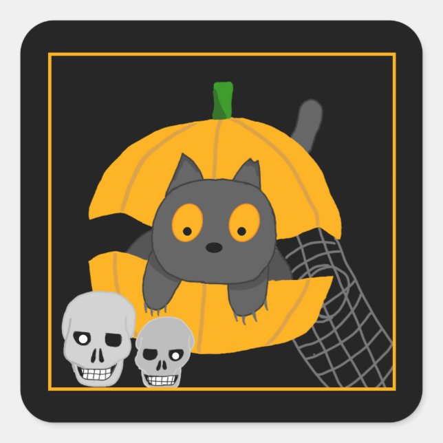 Black Cat Pumpkin Skulls Kids Halloween Square Sti Quadratischer Aufkleber (Vorderseite)