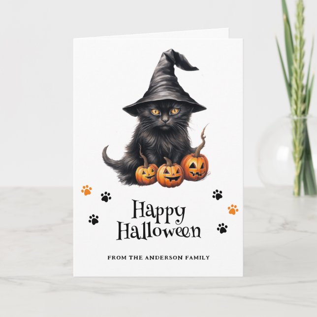 Black Cat Pumpkins Bats Full Moon Foto Halloween Karte (Vorderseite)