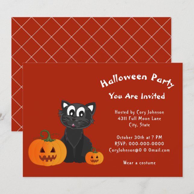 Black Cat Pumpkins Red Orange Halloween-Party Einladung (Vorne/Hinten)