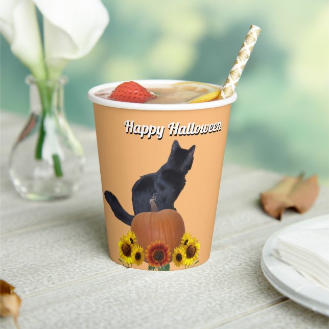  Black Cat Pumpkins Sunflowers Halloween Orange  Pappbecher (In Situ)