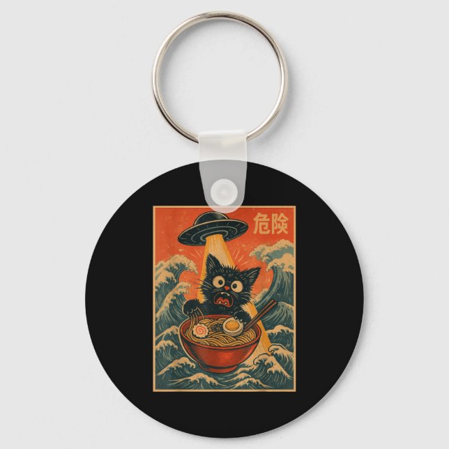Black Cat Ramen Alien Ufo Funny Japanese Kawaii An Schlüsselanhänger (Vorderseite)
