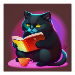Black Cat Reading a Book Poster