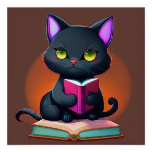 Black Cat Reading a Book Poster