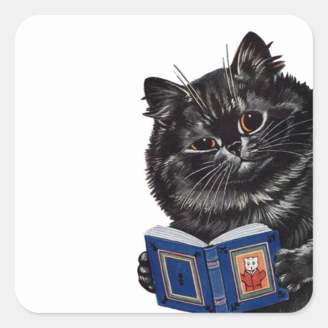 Black Cat Reading Book Painted by Louis Wain Quadratischer Aufkleber (Vorderseite)