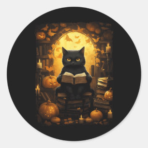 Black Cat Reading Books Pumpkin Autumn Lehrer Ha Runder Aufkleber