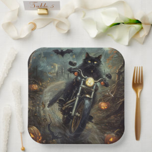 Black Cat Riding Motorrad Halloween Beängstigend Pappteller