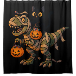 Black Cat Riding Mummy T-Rex - Niedliches Hallowee Duschvorhang