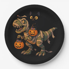Black Cat Riding Mummy T-Rex - Niedliches Hallowee Pappteller